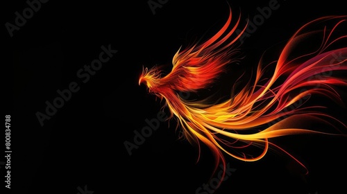 The image shows a fiery red and yellow phoenix rising from the ashes with a black background.