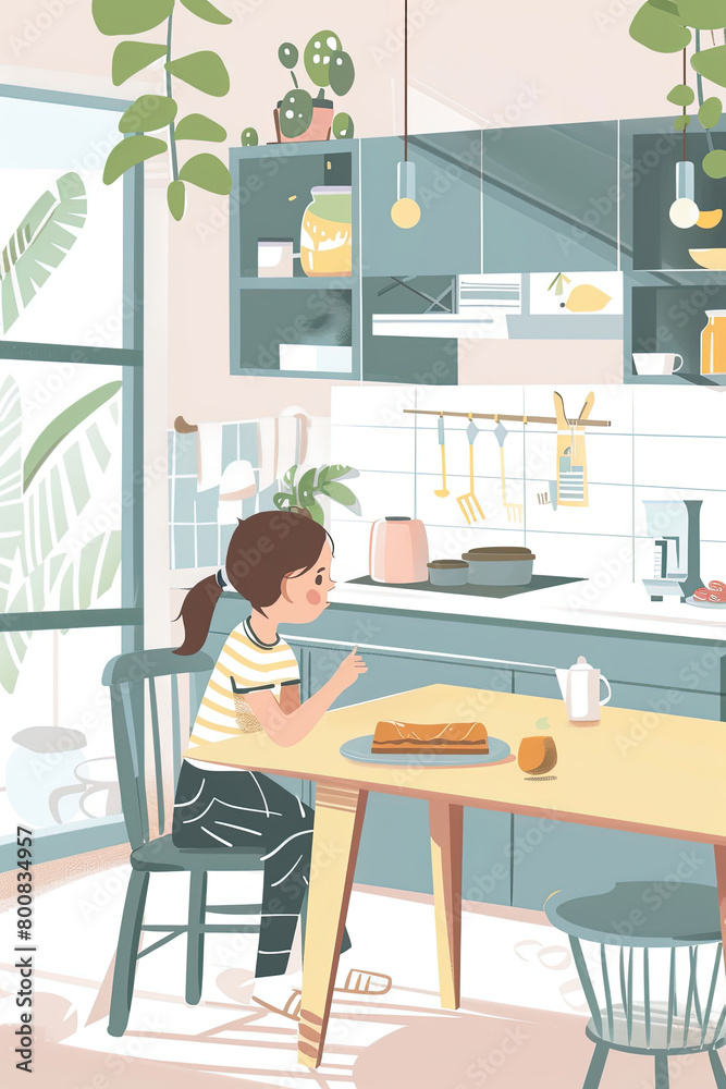 Fototapeta premium Simple minimalist flat style watercolor drawing of cute and simple cartoon, illustration of women's cook and eat some of the food in her kitchen happily