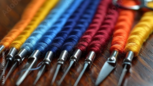   A tight shot of assorted thread hues against a backdrop of pliers in the foreground photo