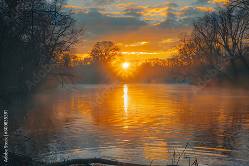 A stunning sunrise over the river, creating a peaceful and serene atmosphere. Perfect for nature and landscape themes. © ELmidoi-AI