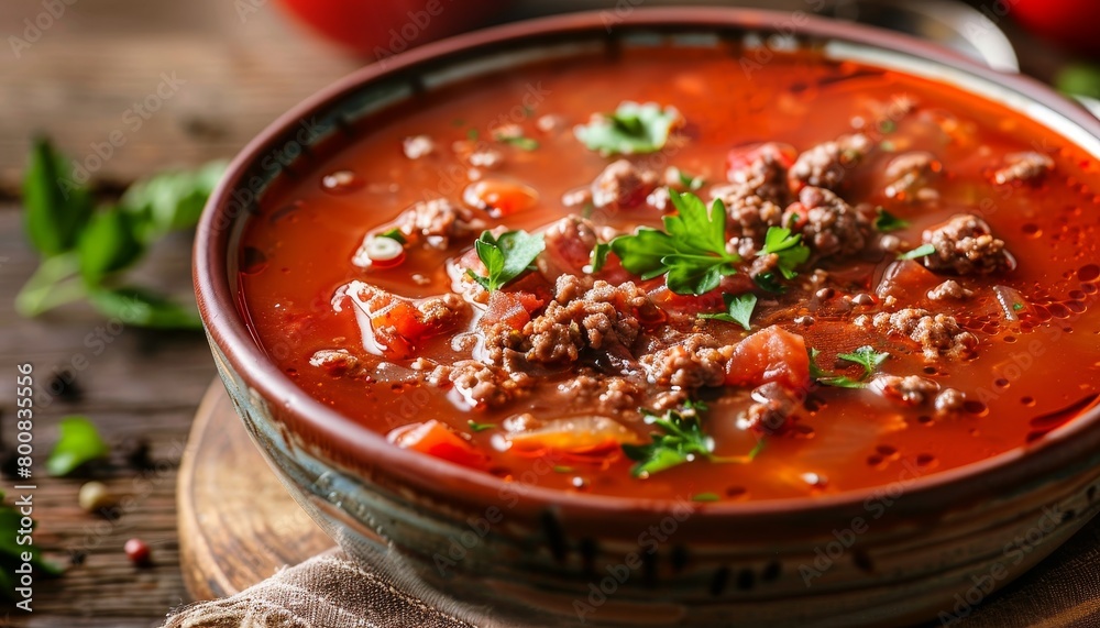 Close up horizontal image of a bowl with tomato soup ground beef and vegetables on a table Close up horizontal image of a bowl with tomato soup ground beef and vegetables on a table