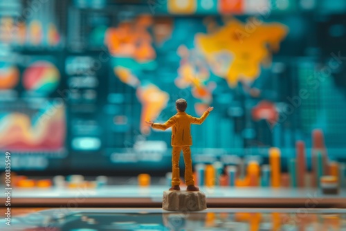 Figurine in Yellow Suit Presenting Global Business Data and Market Trends