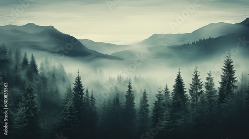 Misty forest with dare trees and rocks. Minimalistic scenery landscape. Generative AI  © MAhmad