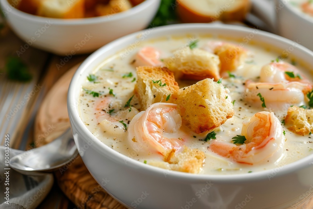 Close up image of shrimp and crouton vegetable creamy soup in white bowl Close up image of shrimp and crouton vegetable creamy soup in white bowl