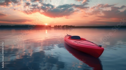 Red kayak on calm water in the sunset. Having fun in leisure activity.