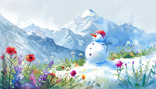 Watercolor painting for christmas background of a snowman that playing happily, the snowman was surrounded by snow in a high mountain photo