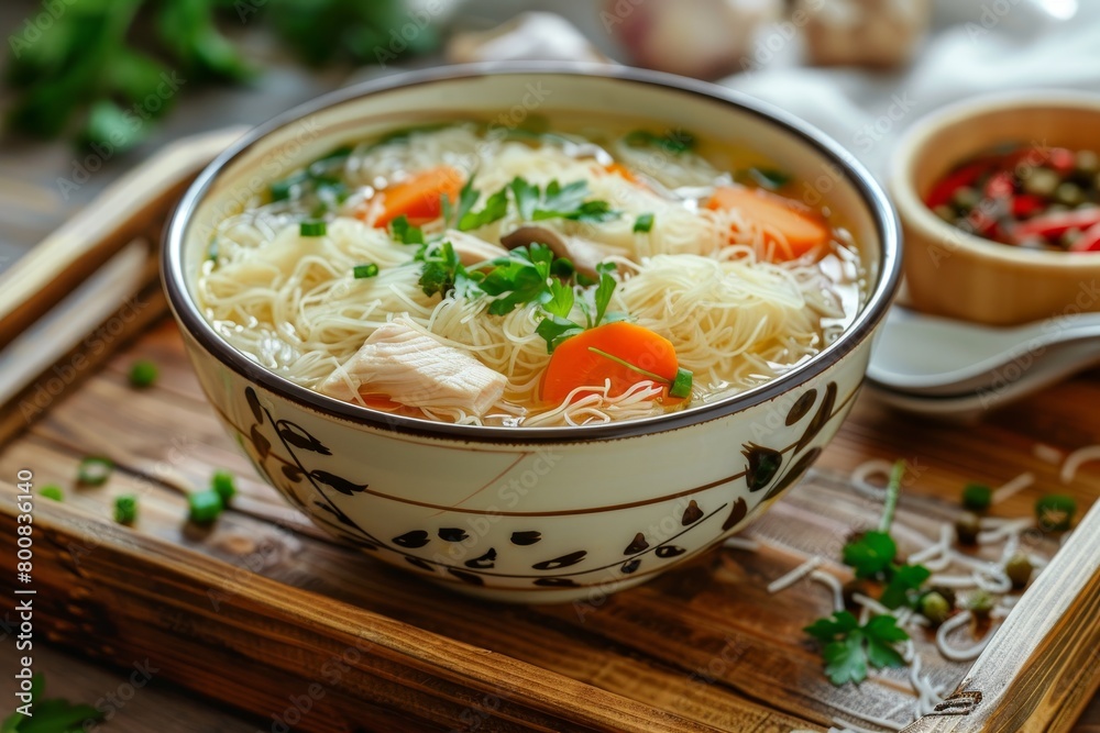 Close up of chicken soup with vermicelli and vegetables in a bowl on a wooden tray on the table