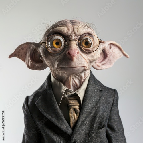 In a professional studio photograph  Dobby embodies a monster management consultant  impeccably dressed in a sharp suit and tie