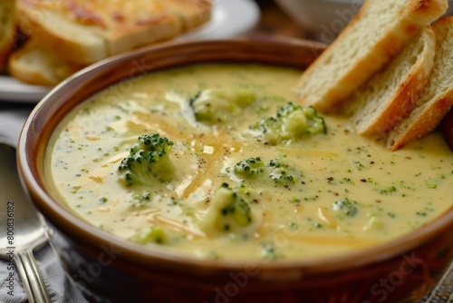 Close up of creamy broccoli cheese soup with toast on table