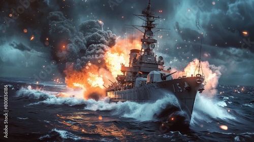 A warship in the middle of the ocean explodes due to a missile attack photo