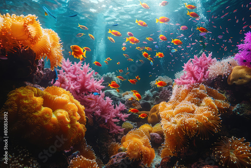 A vibrant coral reef teeming with colorful fish. Created with Ai © Design