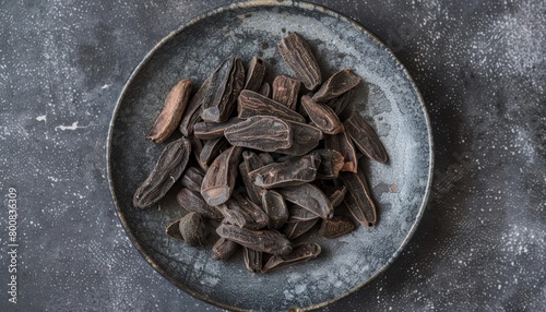Close up of dried tonka beans on a gray plate from a top perspective © LimeSky