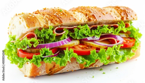 Close up of fresh isolated sandwich with vegetables and meat fish on a white background