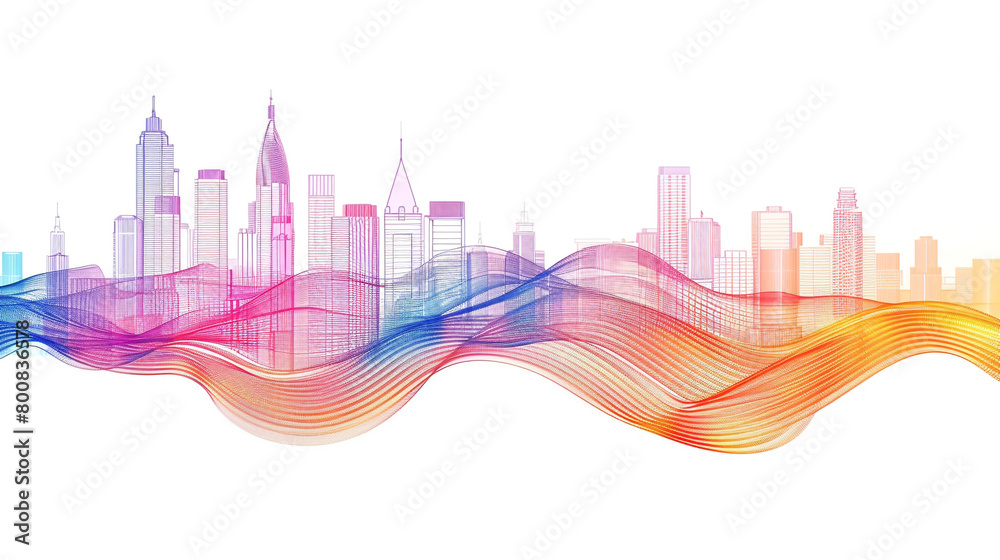 Visualize the fusion of tech and sustainability in urban planning with vibrant gradient lines in a single wave style isolated on solid white background