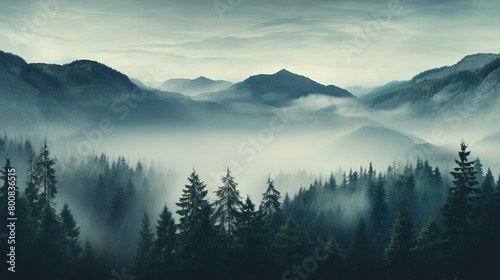 Misty forest with dare trees and rocks. Minimalistic scenery landscape. Generative AI 