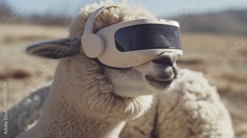 Futuristic AI translator headset, inspired by alpacas' serenity, breaks language barriers with graceful ease