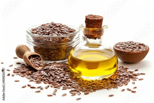 Close up of linseed oil and flax seeds on white background