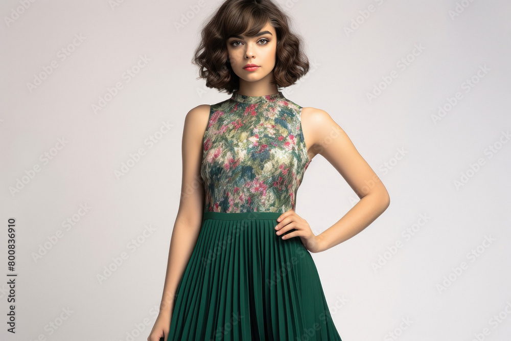 Young woman in green color dress standing on white background