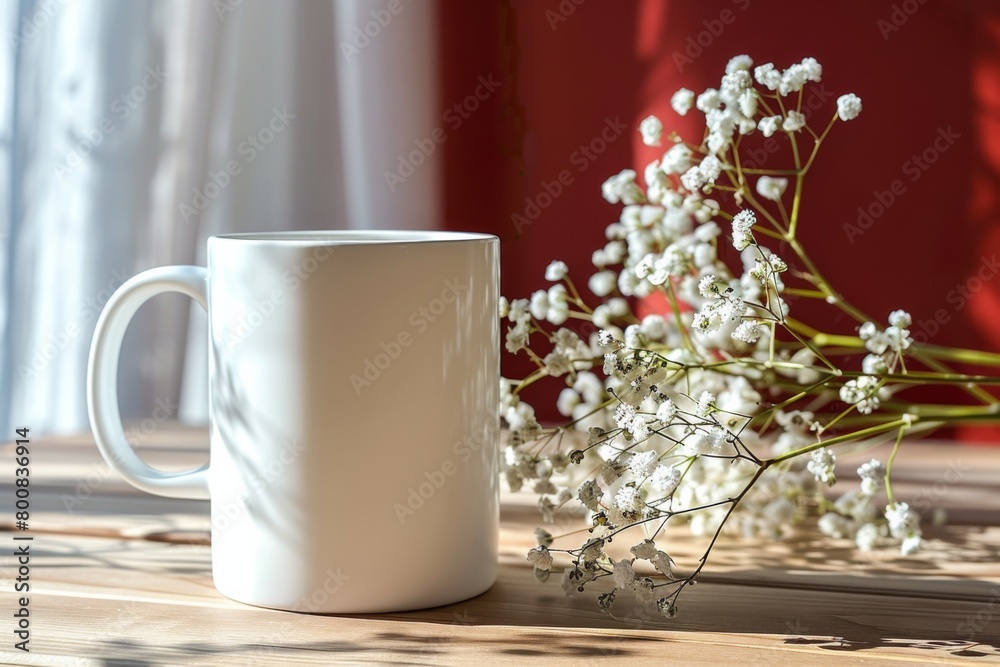 White Blank Mug Mockup in Photographic Scene created with Generative AI