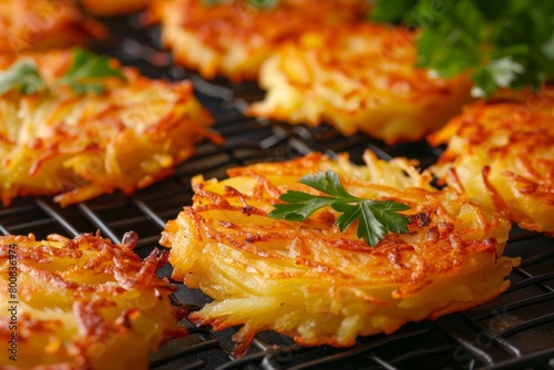 Close up of potato rosti or hash brown in the background