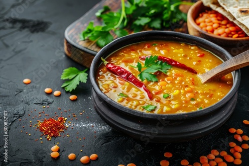 Close up of red lentil Indian soup on dark background with wooden spoon