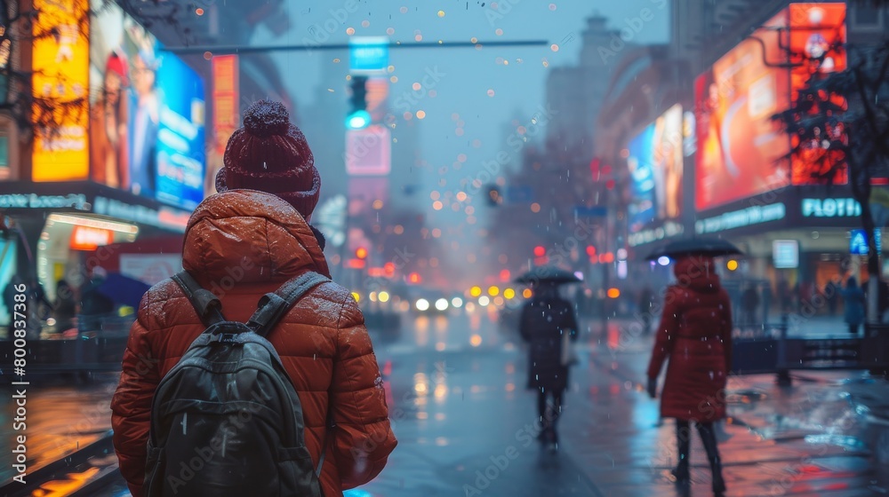 A busy city street with a large crowd of people walking around