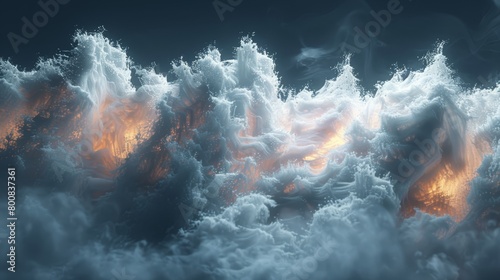   A cluster of clouds in the sky radiates a brilliant orange light from their heart, situated centrally within the image photo