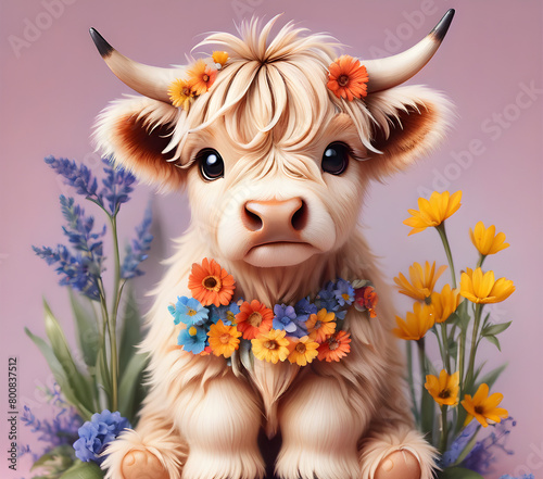 Baby highland cow with a flower