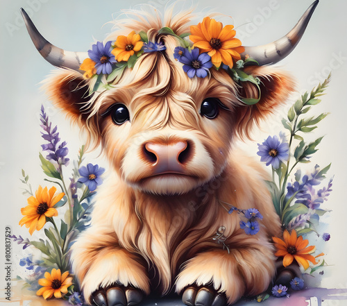Baby highland cow with a flower