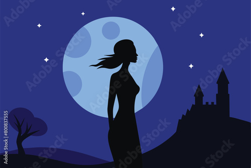 Night scene background with woman silhouette and full moon vector design