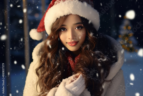 beautiful woman in Santa hat in snowfall