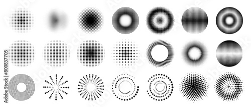 Set of modern dot circle halftone with pop art grunge texture as vector design element. Black and white round dotted halftone. Retro comic style halftone dot background or gradient polka ink pixel art