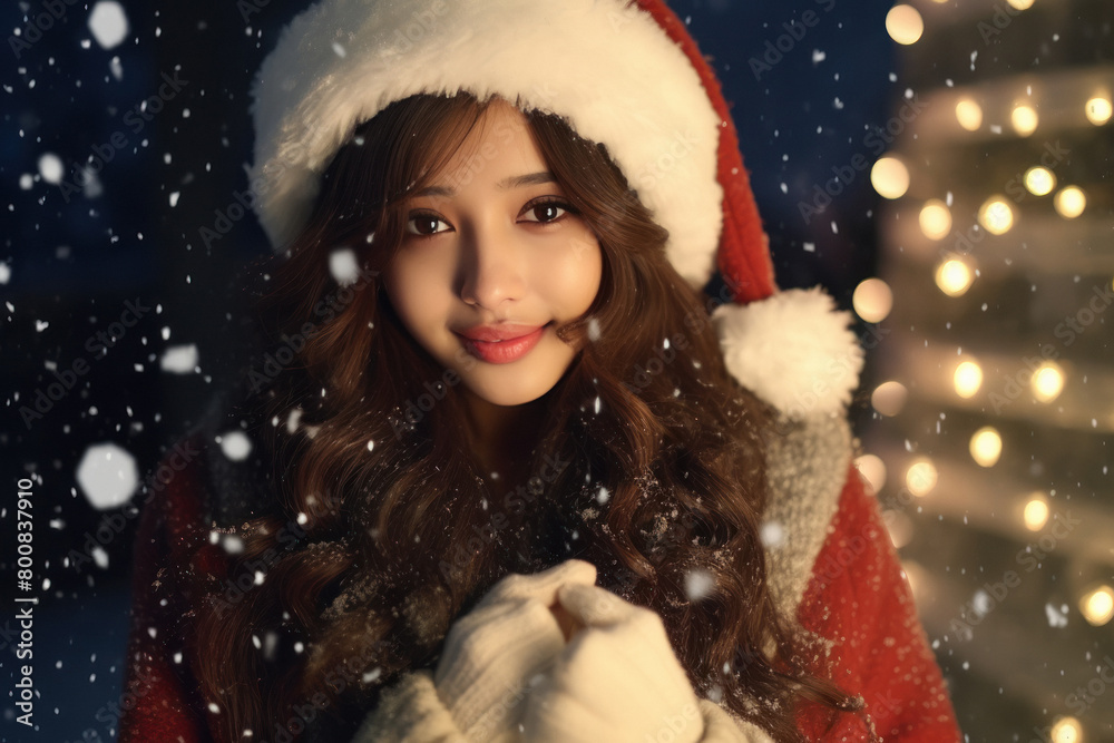 beautiful woman in Santa hat in snowfall beautiful woman in Santa hat in snowfall