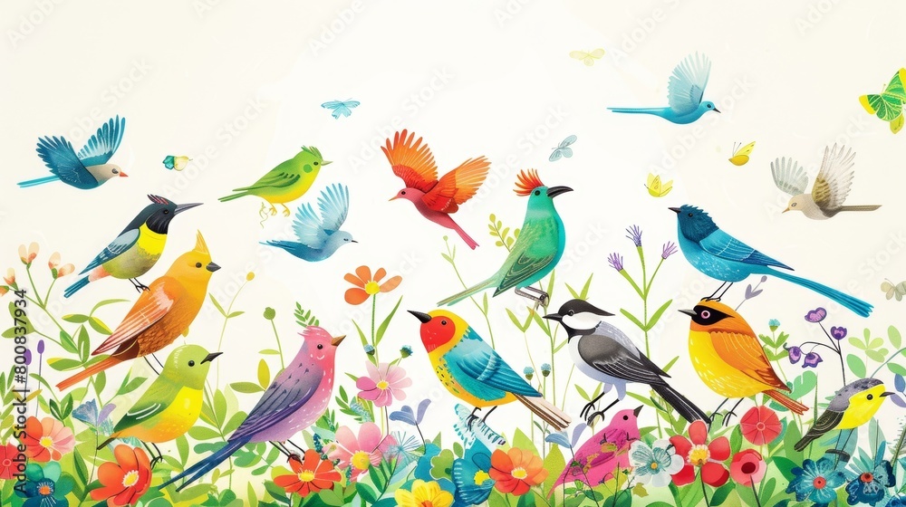 Fototapeta premium A card depicting a cheerful group of colorful birds emphasizing the beauty and diversity of endangered species..