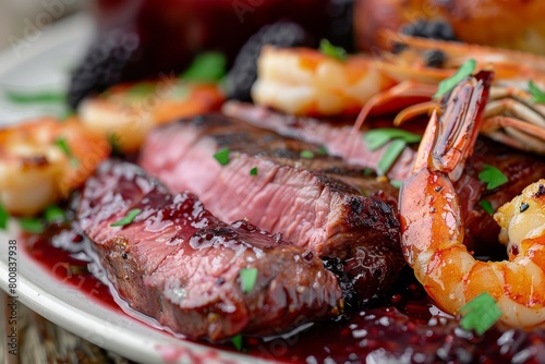 Close up of surf and turf with sirloin steak prawns and blackberry jam