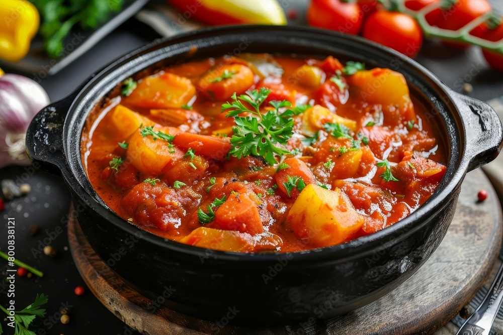 Close up of vegetable stew in tomato sauce in a pot
