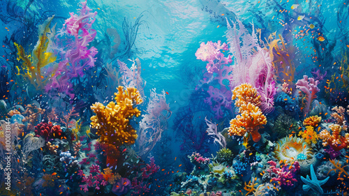 An abstract canvas where contrasting colors collide to evoke the vibrant life and energy of a coral reef beneath the sea