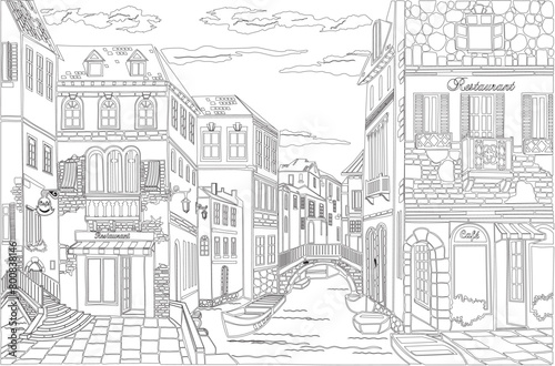 Old town street. Old city landscape.Island murano in Venice Italy. View on canal with boat and motorboat water. Mediterranean town. Vector Illustration.