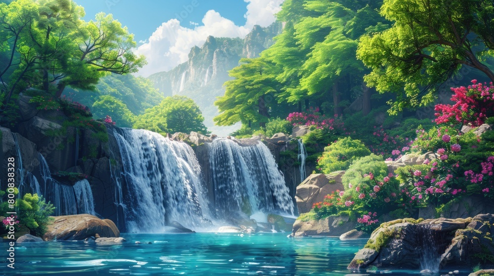 Majestic waterfall in lush forest Majestic waterfall in lush forest