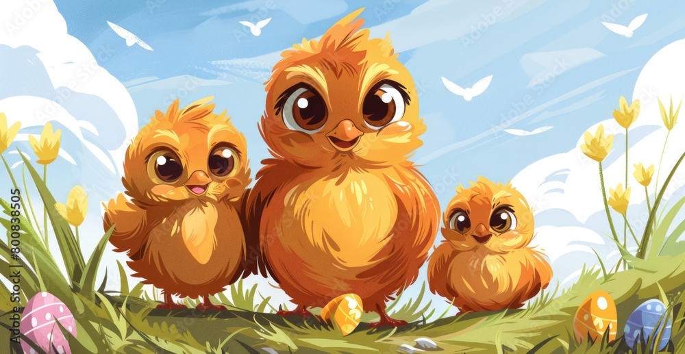 Obraz premium Little chickens sit on a lush green field for Easter.