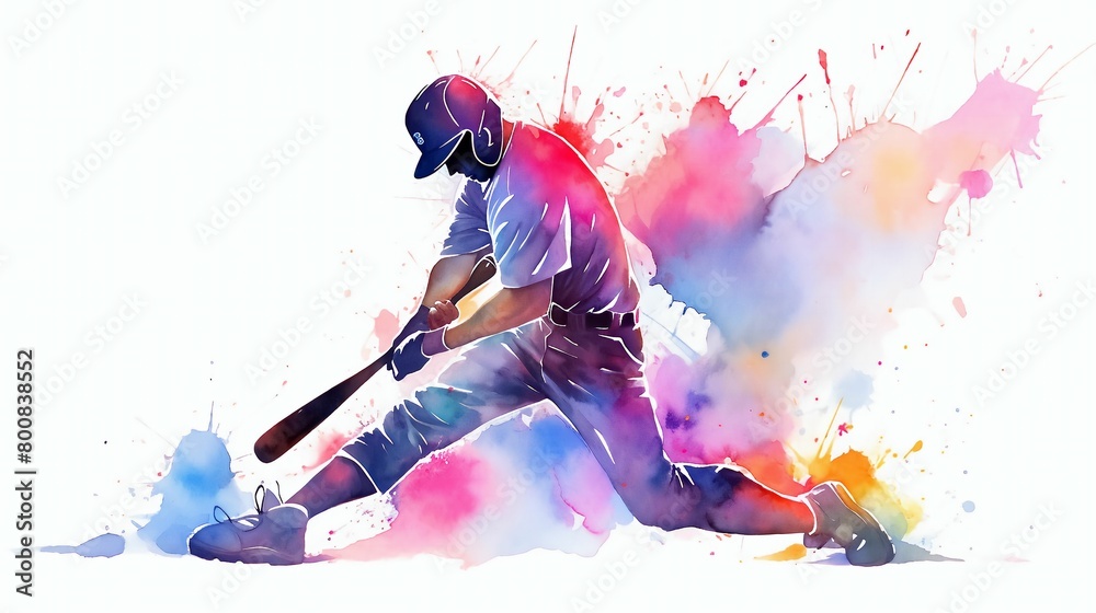 Watercolor baseball player silhouette, abstract sports art.