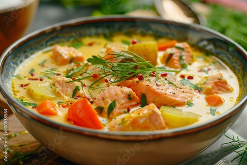Close up rotating bowl of salmon soup with creamy vegetables and herbs
