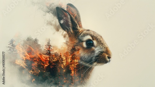 Rabbit and burning forest on a light gray background. Double exposure. The theme of protecting forests and wildlife from fires.