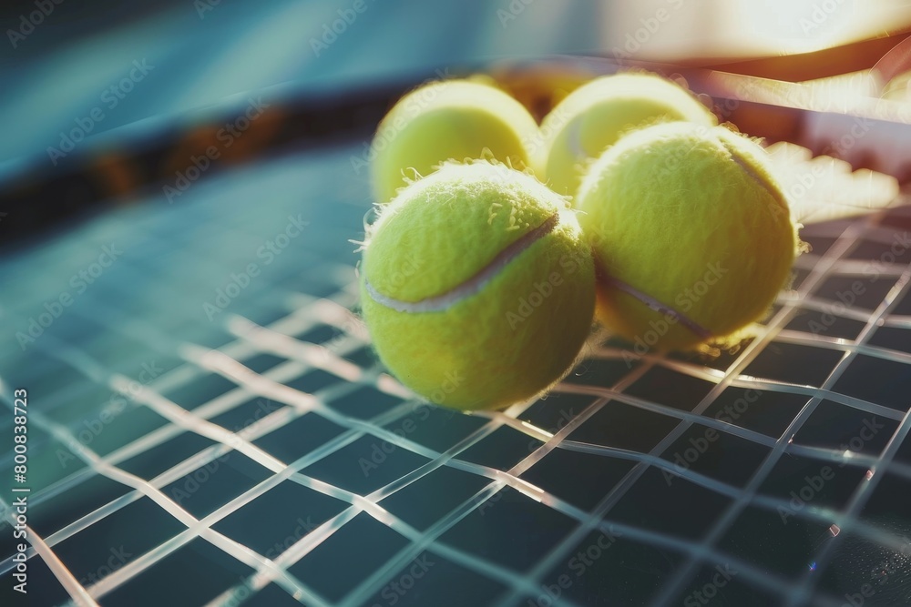 Close up shot of tennis racket and balls representing sport and healthy lifestyle