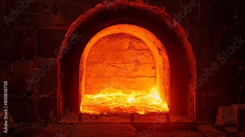 A bright orange glow coming from inside a closed kiln signaling that the firing process is underway..