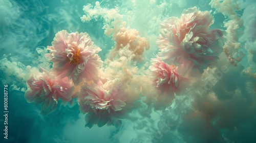  A cluster of pink blossoms seemingly afloat on a water surface, emitting bubbles from their bases © Nadia