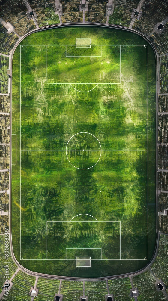 Captivating 3D illustration of a soccer stadium, featuring a top view with a lush green grass field as the background