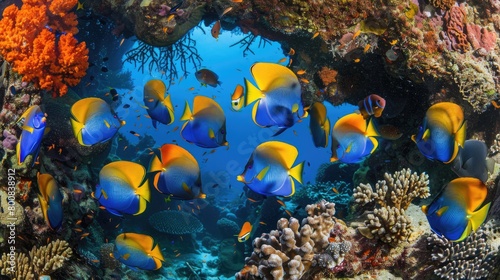 Observing a school of shimmering angelfish as they dance around a coral archway  