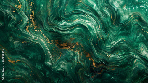 An abstract ocean scene blending deep emerald green swirls reminiscent of marble  with rich bronze powder accents  evoking a feeling of natural luxury. 