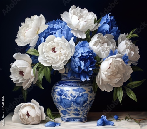 Blue and white peonies in an antique ceramic vase on a black background © Boomanoid